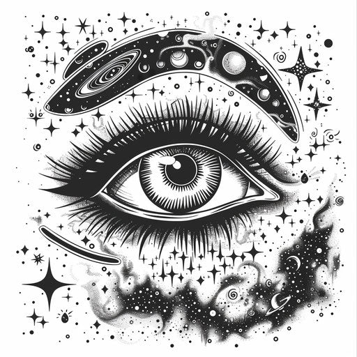 Cosmic eye with stars and galaxies, Jen Bartel style, coloring book page