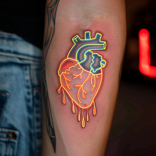 Modern flat tattoo sketch of a crying heart with neon outline