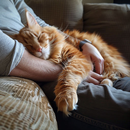 Plump cat napping on a sofa with its owner