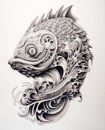 Animal and flowers, Maori art style, heavy shading, captivating, reef wave, tattoo 25:31