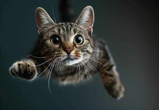 Tabby cat flying forward with raised ears, dark cyan and maroon style