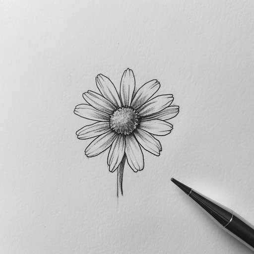 Sketch of a small daisy tattoo, detailed on white canvas