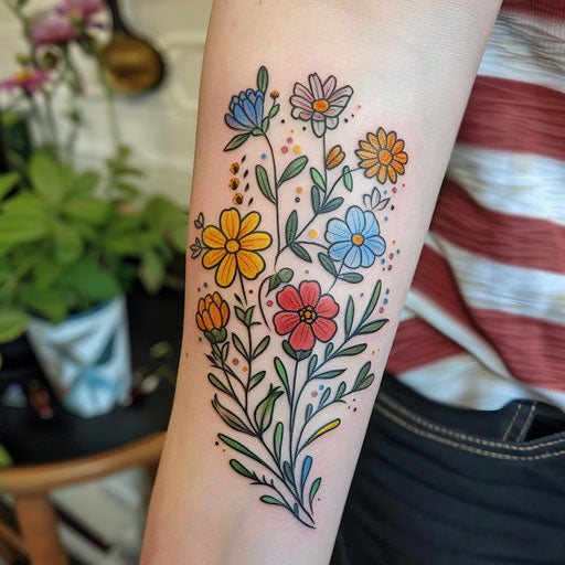 Whimsical wildflower tattoo, cartoon style