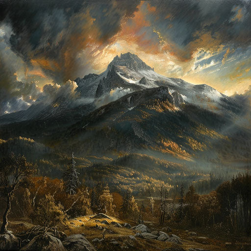 White mountain with dramatic sky, Achenbach style