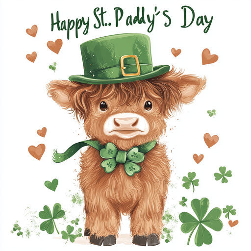 St. Patrick's Day graphic t-shirt design, cute baby Highland cow in green hat with clovers and hearts on white background