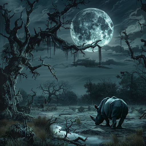 A ghostly rhino in a haunted savannah, under a full moon.