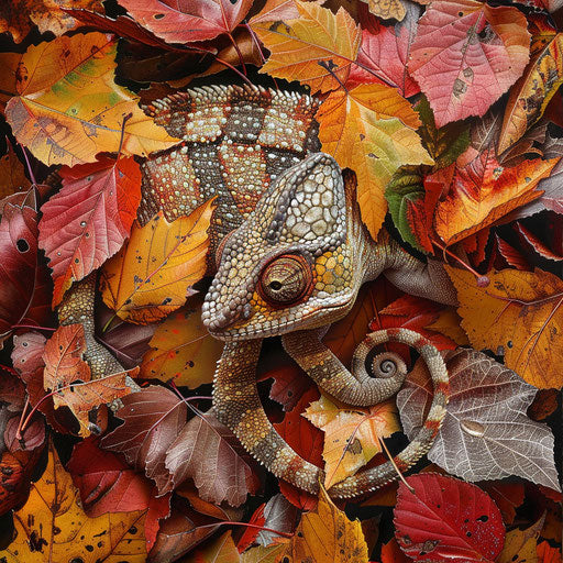 A chameleon among the fallen leaves of an autumn forest