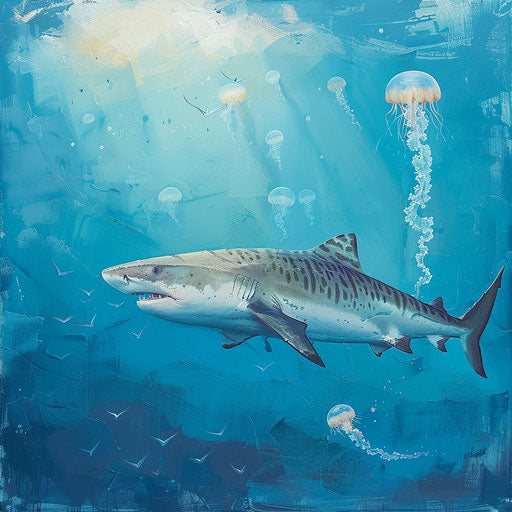 Tiger shark in blue ocean with floating jellyfish
