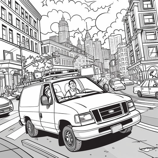 Cartoon of a doctor driving an ambulance in a busy city
