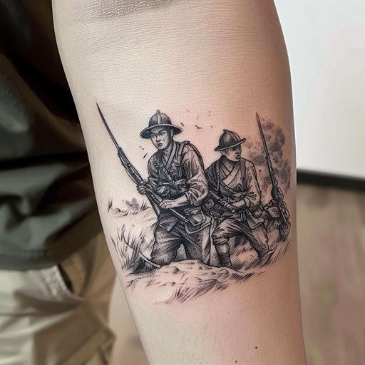 Bold and graphic Korean war scene tattoo