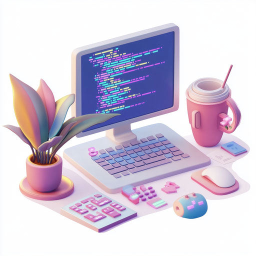 3D coding in photorealistic style on flat white background