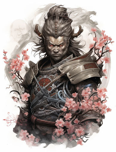 Japanese samurai drawing, beast on transparent background, flower motifs style