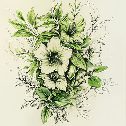 Botanical style tattoo sketch for 666, lush green leaves and flowers