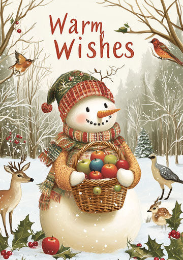 Warm wishes with snowman, birds, and deer