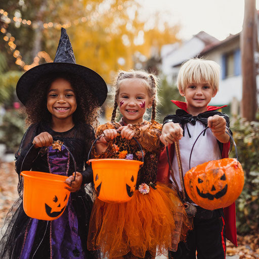 Happy Children in Halloween Costumes with Jack-o'-Lanterns