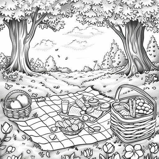 Spring picnic scene with blanket and basket of food