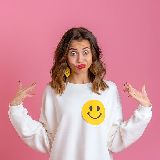 Perplexed woman with emoji, oversized white sweatshirt, pink background