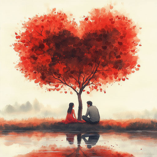 Heart-shaped tree and smiling couple in watercolor painting