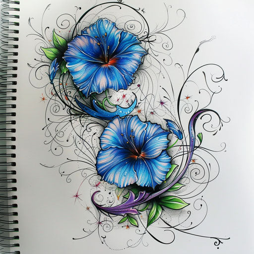 Dynamic tattoo sketch of morning glory with swirling vines and explosive color bursts