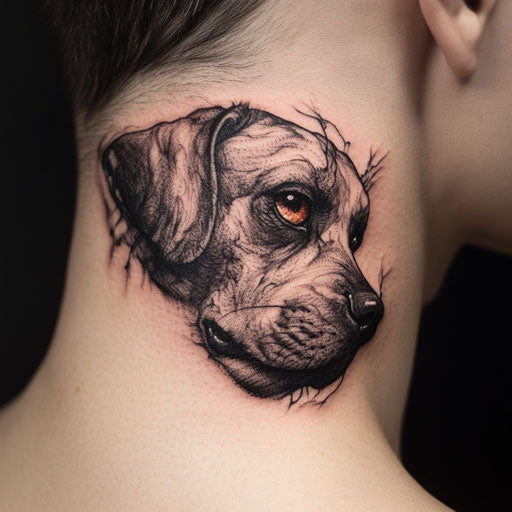 Dog ear tattoo in the style of Peter Jackson with a mystical creature peeking from behind