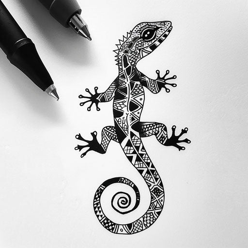 Simplistic and clean flat tattoo sketch of a gecko with geometric patterns
