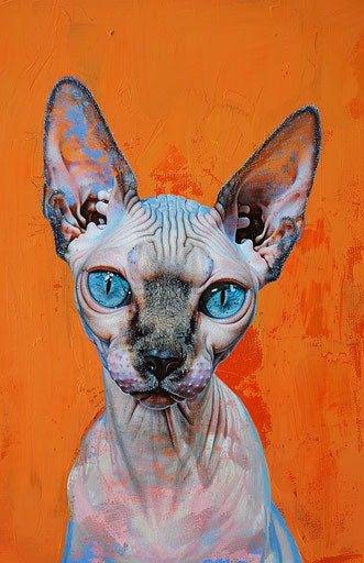 Sphynx cat on orange background, light beige and dark azure style