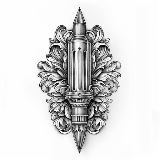 Elegant sketch of a bullet with baroque engravings