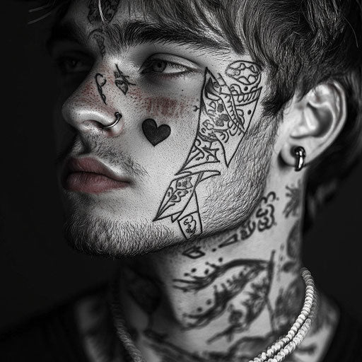 Face tattoos for men with a tiny heart and banner, in the style of Ed Hardy