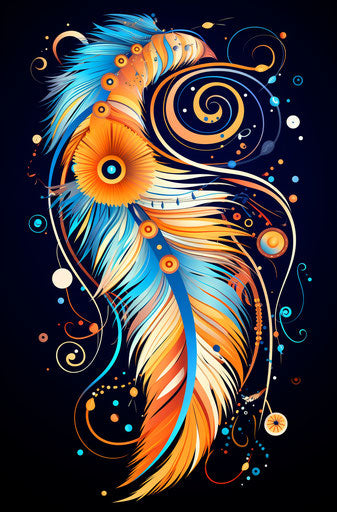 Delicate colored tribal feather, playful doodles, colorful art