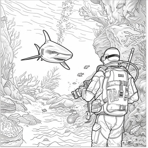 Shark and diver in an underwater cave