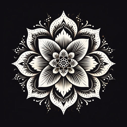 Black Indian mandala design with lotus on black background