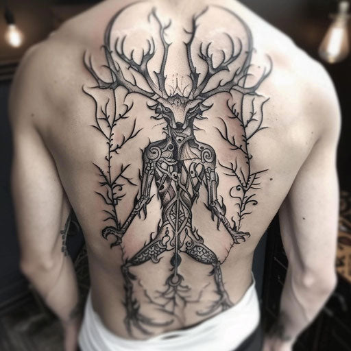 Elegant flat tattoo sketch of a Wendigo with intricate tribal patterns along its body