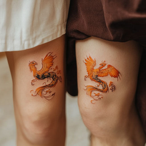Small matching tattoos of tiny phoenixes in the style of Guy Aitchison
