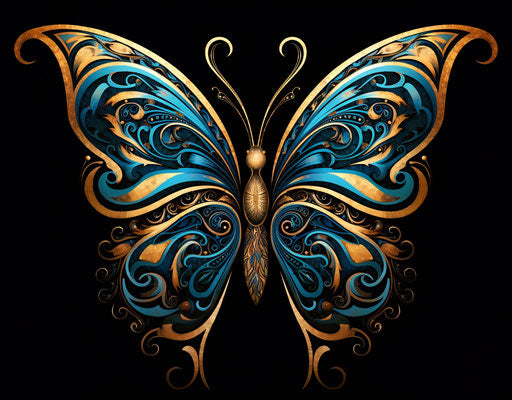 Blue and gold butterfly in dark cyan and yellow, gothic art style