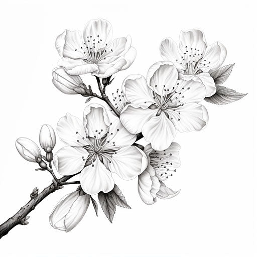Black and white illustration of a cherry blossom, in bardcore style