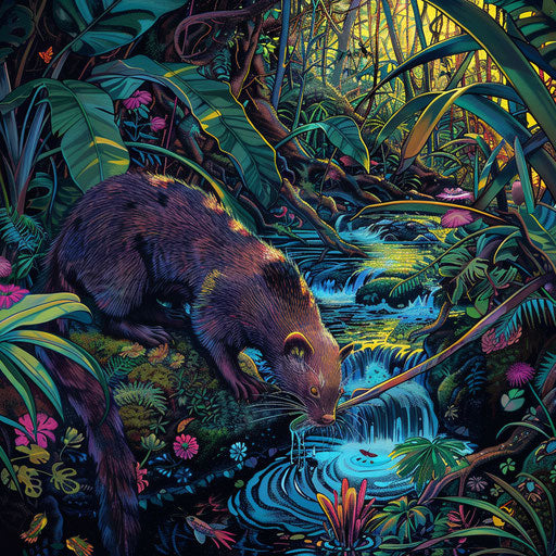 Wild mink drinking from babbling brook in vibrant forest