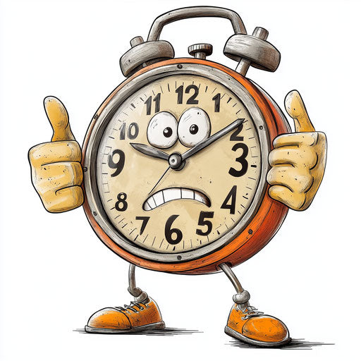 Humorous caricature of a stopwatch with human characteristics