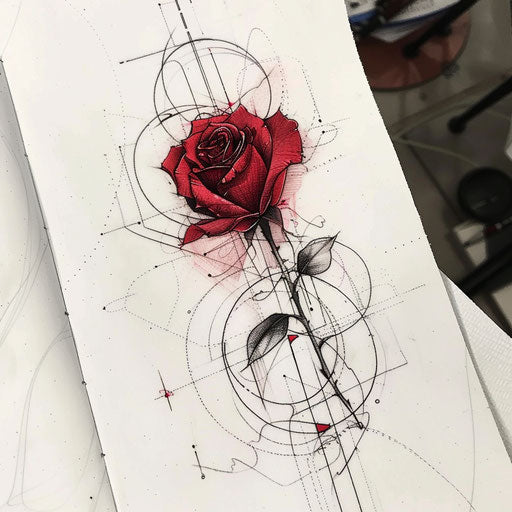 Bold tattoo sketch of a red rose with minimalist lines and abstract shapes