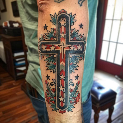 Classic American cross tattoo for men with patriotic symbols