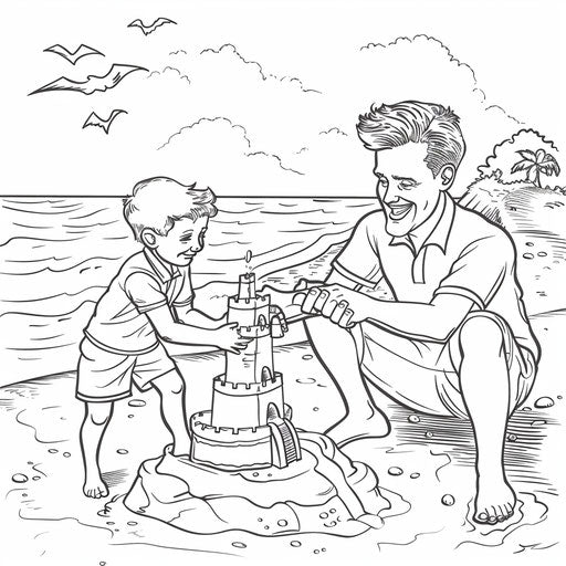 A playful scene of a dad and child building a sandcastle on the beach. Coloring book page