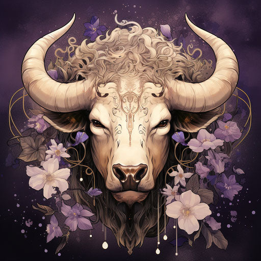 Taurus zodiac sign, detailed ink illustrations in beige and violet