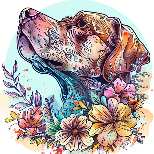 Dog outline tattoo with whimsical floral patterns