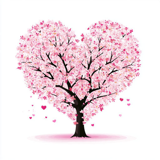 Cherry Blossom Heart Tree, Pink Flowers, White Background