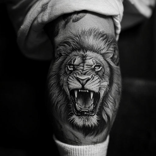 Knee tattoos for men depicting a powerful lion's face roaring in the style of Steve McNiven