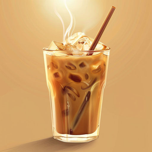 Iced coffee clipart in photo realistic style with a flat random background, ethereal glow and soft edges