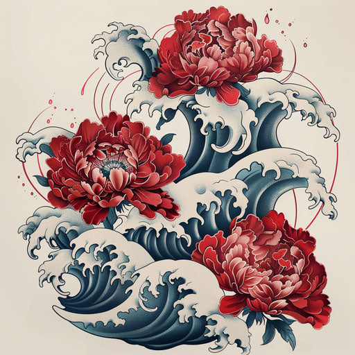 Traditional Japanese carnation tattoo with waves and wind