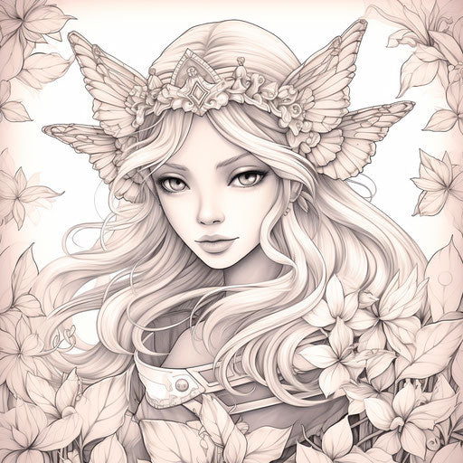 Anime fairy coloring page with flowers and trees