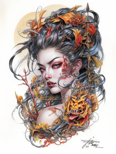 Colorful tattoo of an ogre with a sword in feminine sticker art style