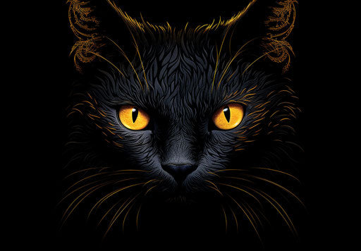 Black cat on black background, dark yellow and dark gold