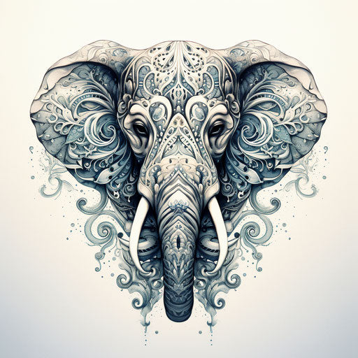 Ornate elephant design on white background, ominous vibe